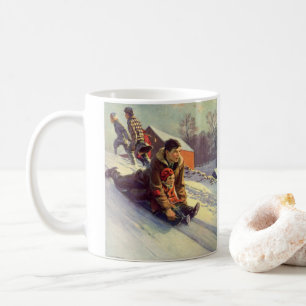 Caneca De Café Natal Antigo, Pai e Filha andando de Trenó