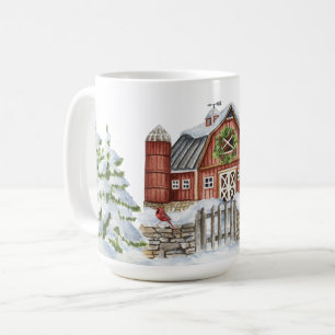 Caneca De Café Natal Barn Snowman Trees Red Bird Snow