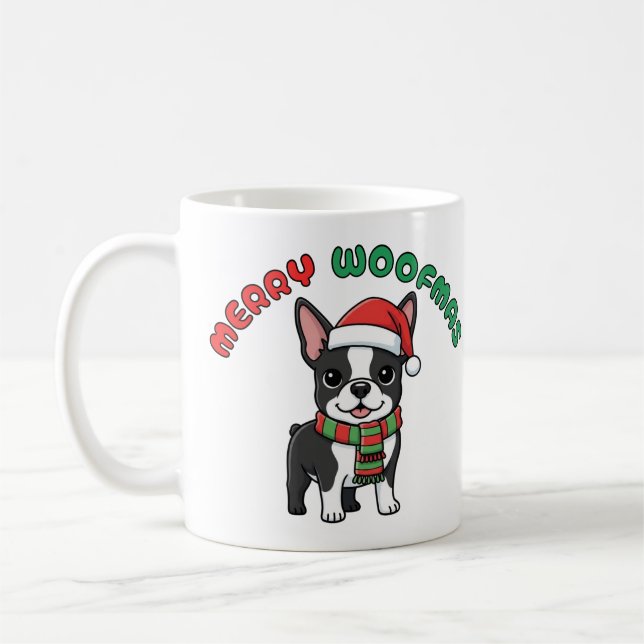 Caneca De Café Natal Boston Terrier Mug: Woofmas Felizes (Esquerda)