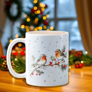 Caneca De Café Natal com ramo de pássaros robin e bagas