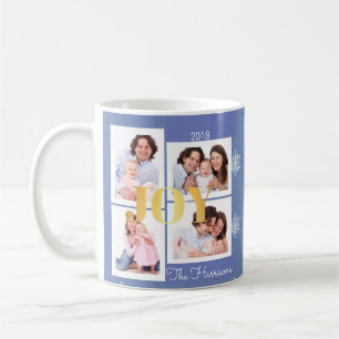 Caneca De Café Natal da Colagem de Fotos da Família Azul Dourada