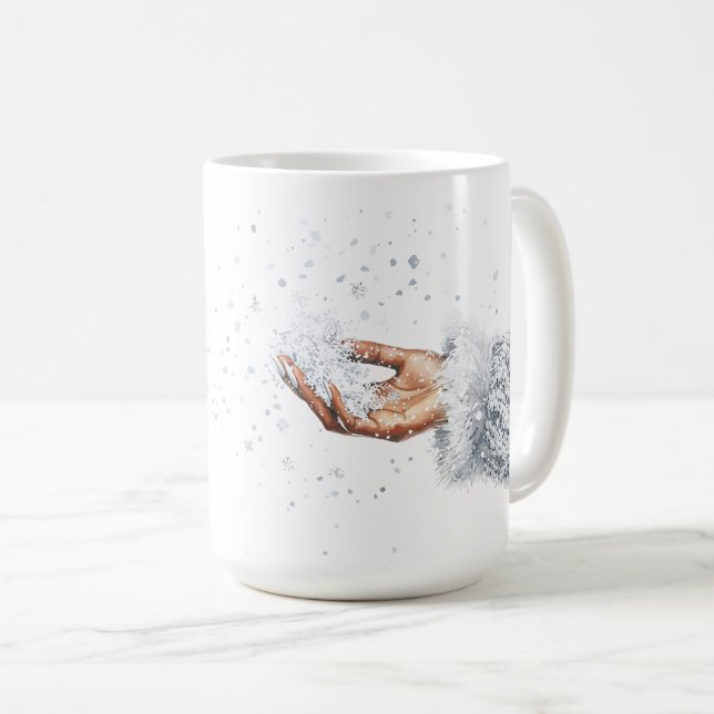 Caneca De Café Natal da Mão de Neve Prateada (Frente Esquerda)