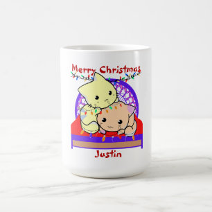 Caneca De Café Natal de gato na cama, nome personalizado