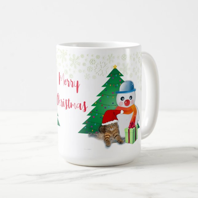 Caneca De Café Natal do Boneco de Neve e Gato  (Frente Esquerda)