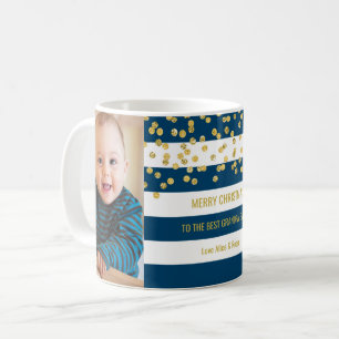 Caneca De Café Natal do vovô da foto Dourado das listras azuis o
