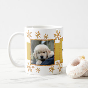Caneca De Café Natal Dourado do floco de neve 2 Monograma de foto