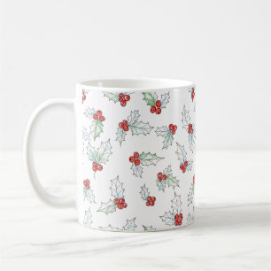 Caneca De Café Natal em Aquarela com Folhas de Azevinho e Bagas V