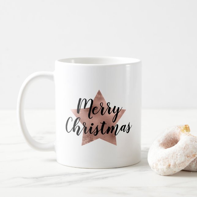 Caneca De Café Natal Estrela Dourada Rosa Moderna (Com Donut)