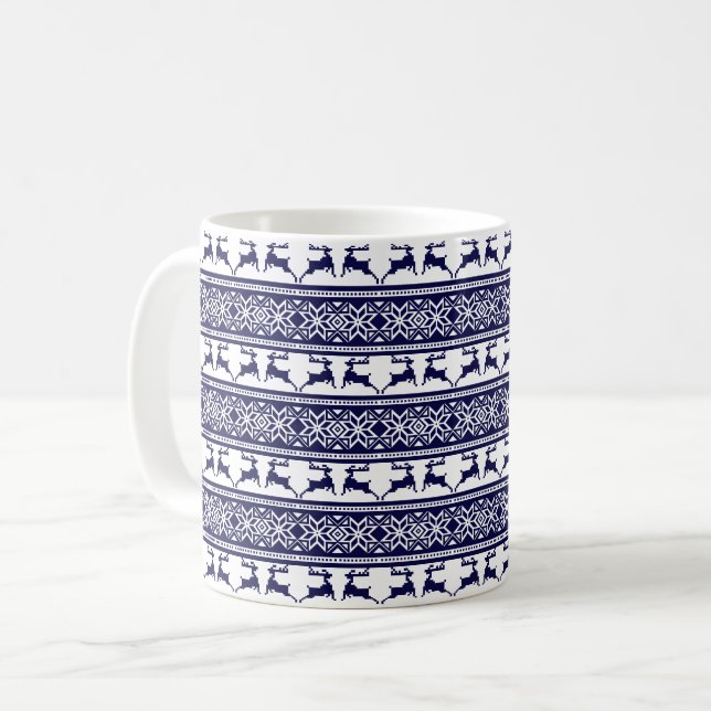 Caneca De Café Natal, Folha Escandinava Azul e Branco (Frente Esquerda)
