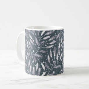 Caneca De Café Natal, galhos prateados, brancos, flocos de neve, 