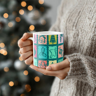 Caneca De Café Natal Grid Caprichoso Fofo e Brilhante