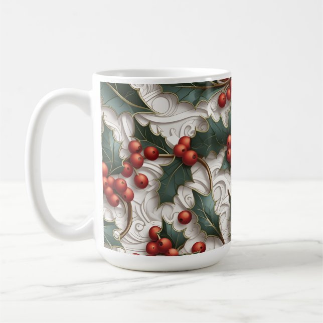 Caneca De Café Natal Holly Padrão Ornamental Big Coffee Mug (Esquerda)