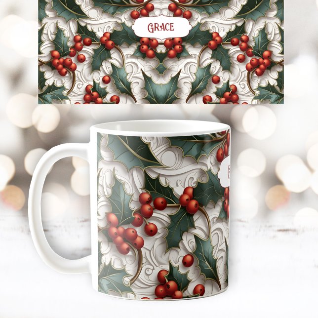 Caneca De Café Natal Holly Patterno Ornamental Mug (Christmas Holly Ornamental Pattern Name Mug)