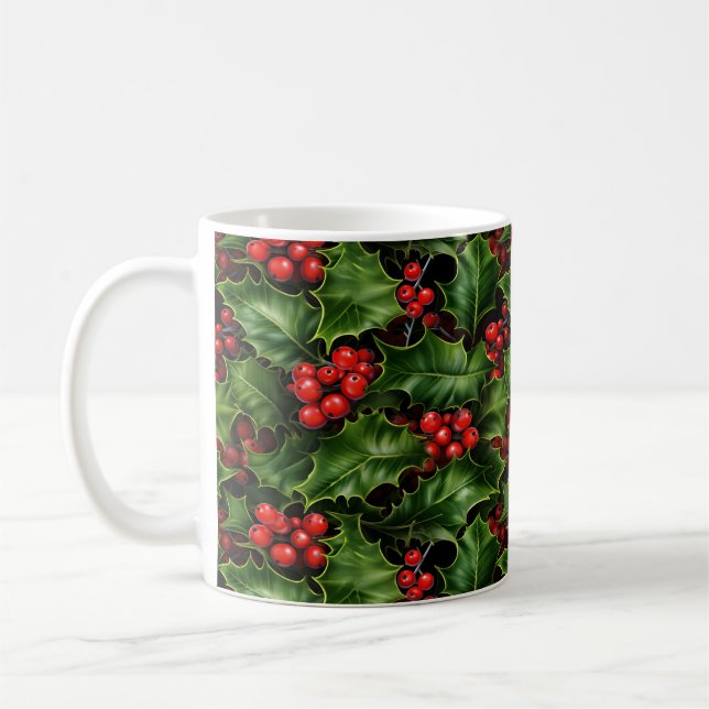 Caneca De Café Natal Holly Sai E Berries Vermelhos Padrão (Esquerda)