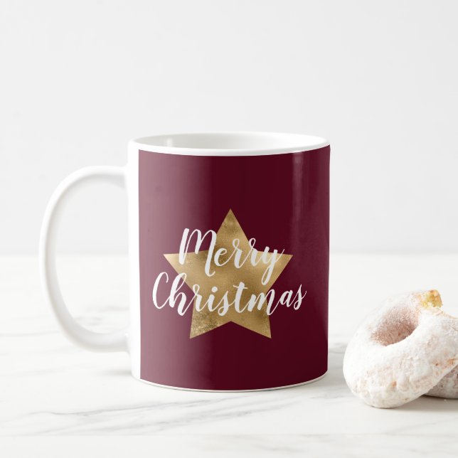 Caneca De Café Natal Moderno Burgundy Estrela Dourada (Com Donut)