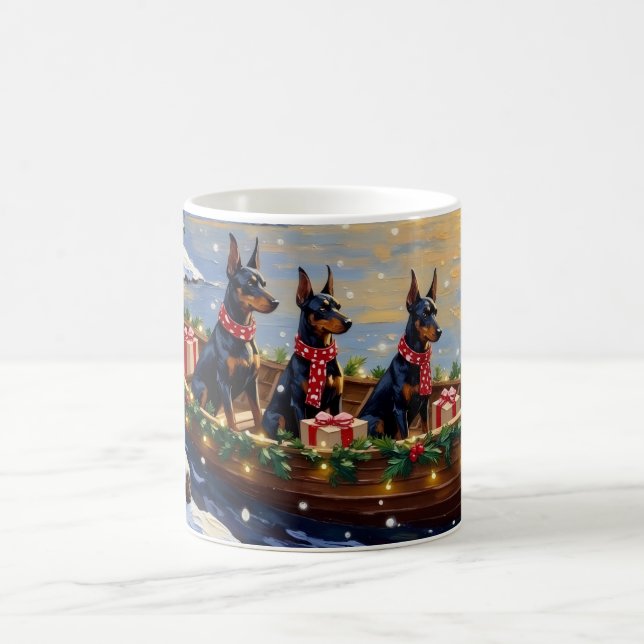 Caneca De Café Natal no barco com Doberman Pinscher (Centro)