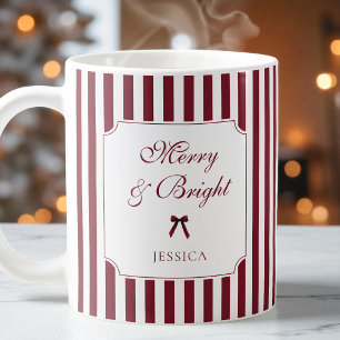 Caneca De Café Natal Personalizado com Listras Vermelhas e Letra