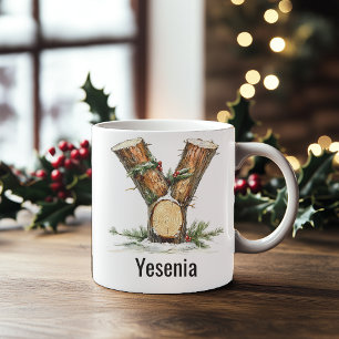 Caneca De Café Natal Personalizado de Madeira com Monograma Y
