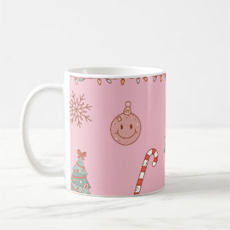 Caneca De Café Natal Rosa Pastel Fofo e Retrô