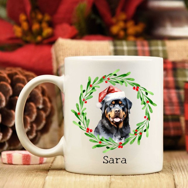 Caneca De Café Natal Rottweiler Natal Hat Holiday (Criador carregado)