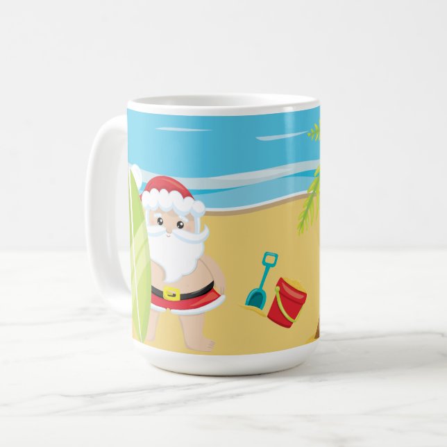 CANECA DE CAFÉ NATAL SANTA CLAUS EM PRAIA EM TORNO DE UM POUCO (Frente Esquerda)