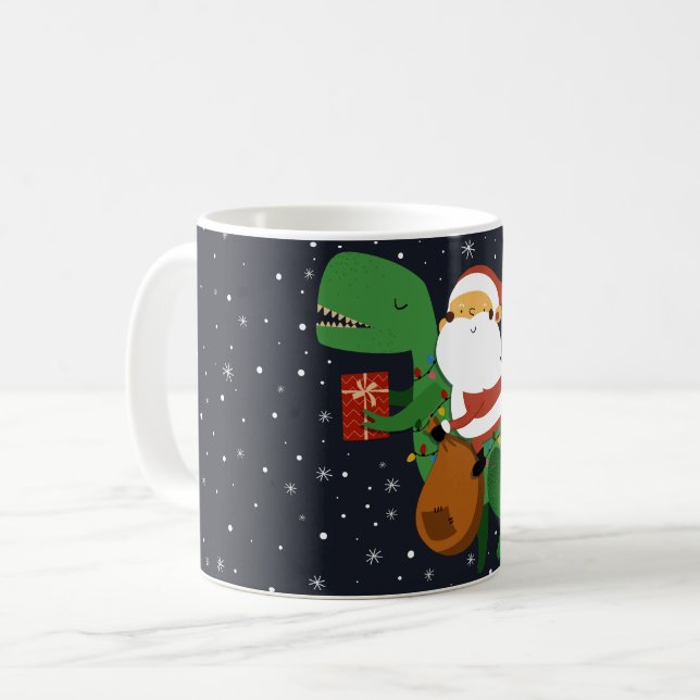 Caneca De Café Natal Santa Claus T-rex Dinossaur Sleigh (Frente Esquerda)