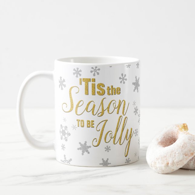 Caneca De Café Natal Tis o Floco de Neve Dourado Prata (Com Donut)