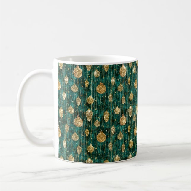 CANECA DE CAFÉ NATAL VERDE COM ÓRNAGÃOS DE FERIADO DOURADO (Esquerda)