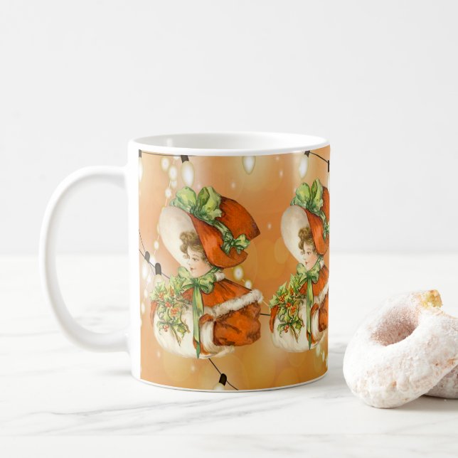 Caneca De Café Natal Vitoriano Senhora Laranja Fundo com Luzes (Com Donut)