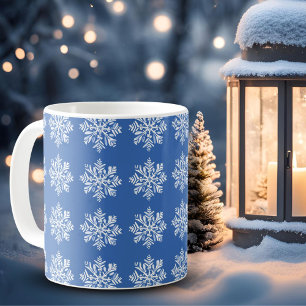 Caneca De Café Natalino Padrão de Floco de Neve Azul Branco Natal