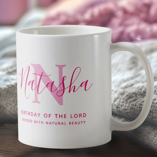 Caneca De Café Natasha name meaning and monogram pink text (Criador carregado)
