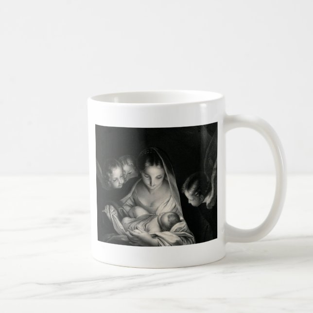 Caneca De Café Natividade Bebê Jesus Virgem Maria Anjos Preto Bra (Direita)