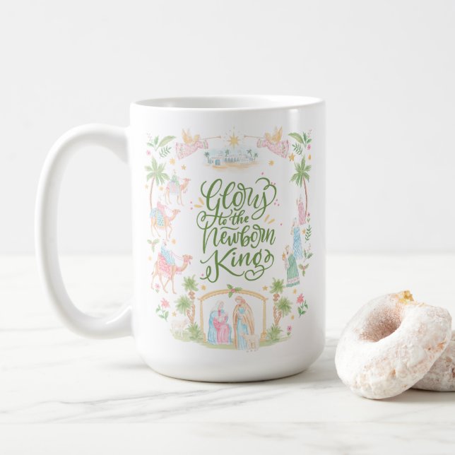 Caneca De Café Natividade Pastel | Glória ao Rei Recém-Nascido (Com Donut)