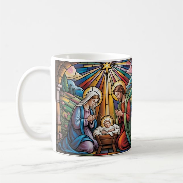 Caneca De Café Nativity Stained Glass Art – Holy Family Christmas (Esquerda)
