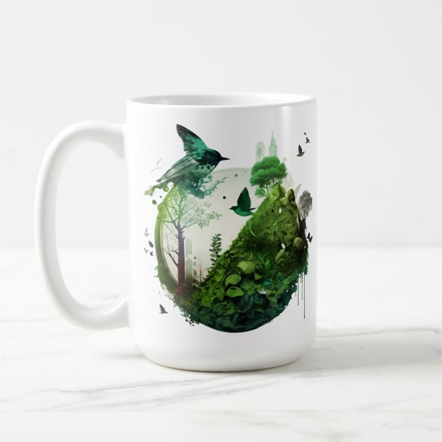 Caneca De Café Nature's Symphony Vibrant Green Landscape wth Bird (Esquerda)