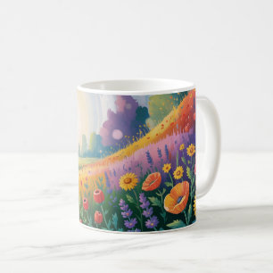 Caneca De Café Natureza florestal com ervas e flores coloridas,