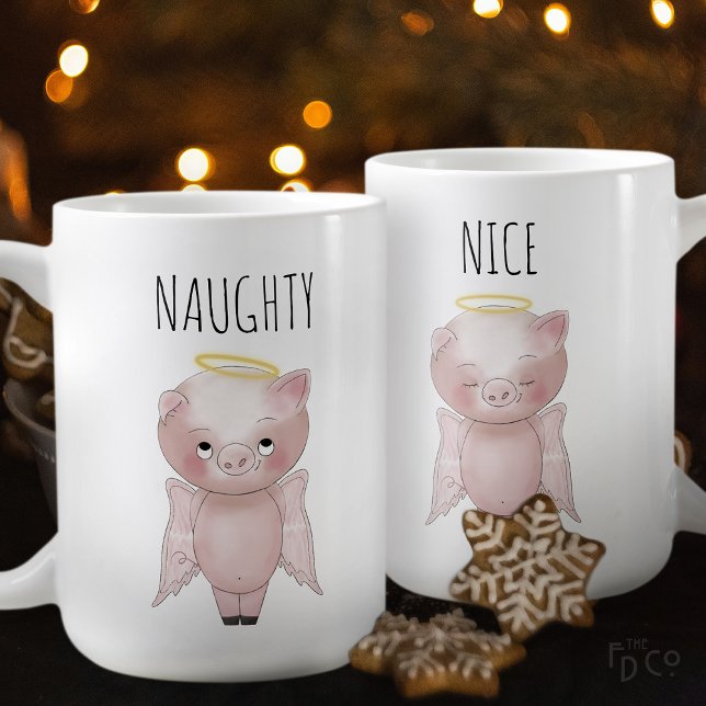 Caneca De Café Naughty or Nice Cute Holiday Angel Pig Cartoon (Criador carregado)