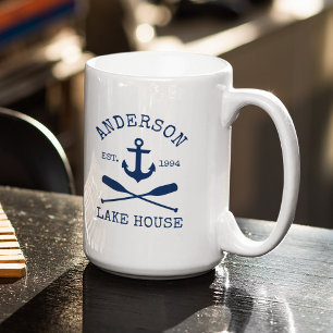 Caneca De Café Náutica Blue Anchor Oars Lake House Nome Grande