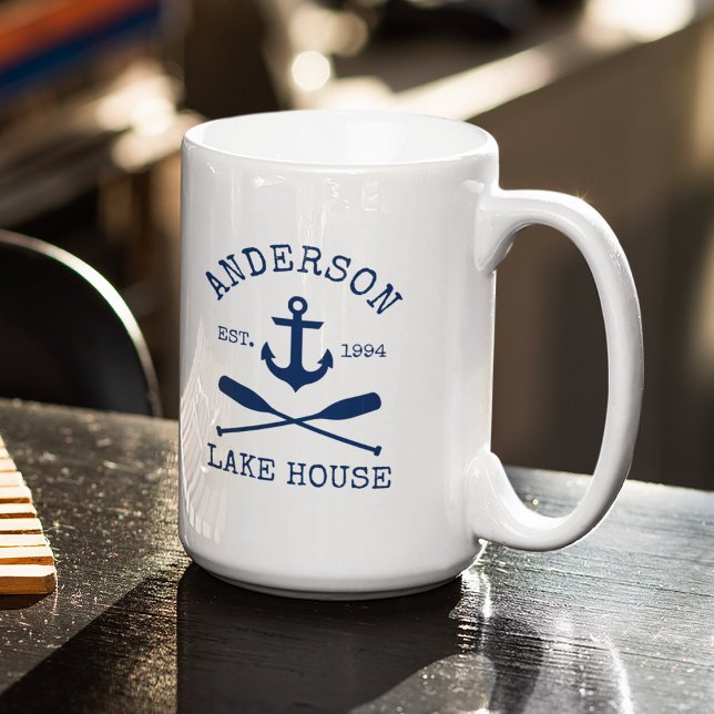 Caneca De Café Náutica Blue Anchor Oars Lake House Nome Grande (Customize to change text size or color.)
