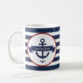 Caneca De Café Náutica Nome da Âncora Marinho Blue Stripes