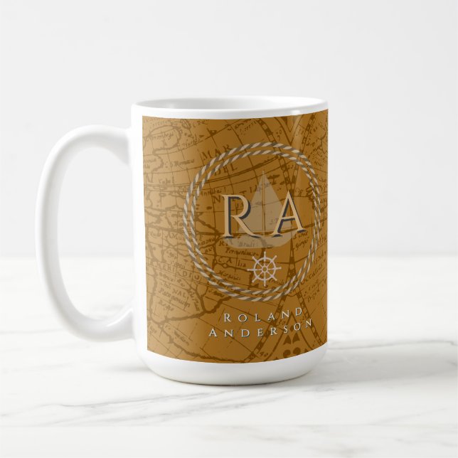 Caneca De Café Nautical Rope Monogram Map Brown (Esquerda)