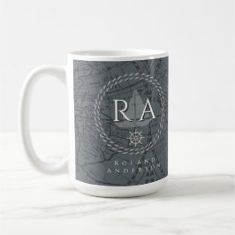 Caneca De Café Nautical Rope Monogram Map Grey