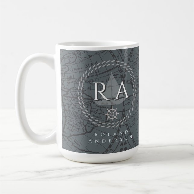 Caneca De Café Nautical Rope Monogram Map Grey (Esquerda)