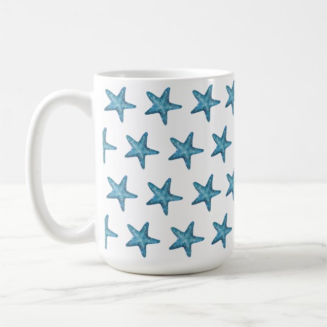 Caneca De Café Nautical Watercolor Blue Starfish (Esquerda)