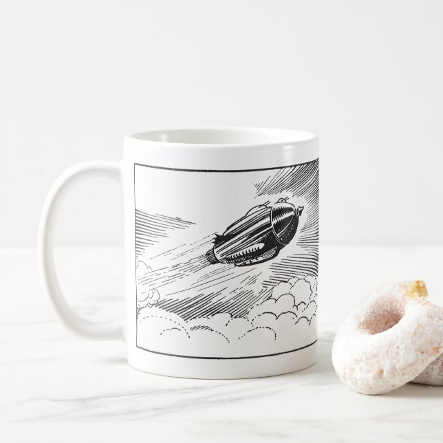 Caneca De Café Nave Espacial de Ficção Científica Vintage Foguete (Com Donut)