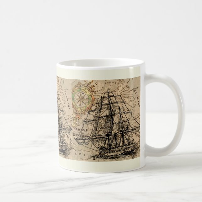 Caneca De Café Navio Antigo E Mapa (Direita)