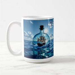 Caneca De Café Navio em uma garrafa flutuando no oceano