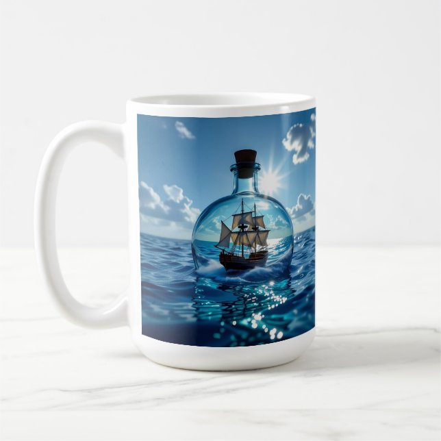Caneca De Café Navio em uma garrafa flutuando no oceano (Esquerda)