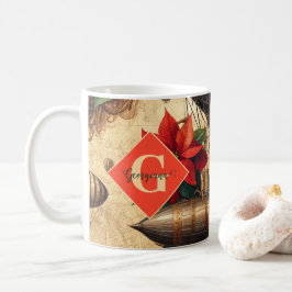 Caneca De Café Navio Steampunk Personalizado com Poinsettia