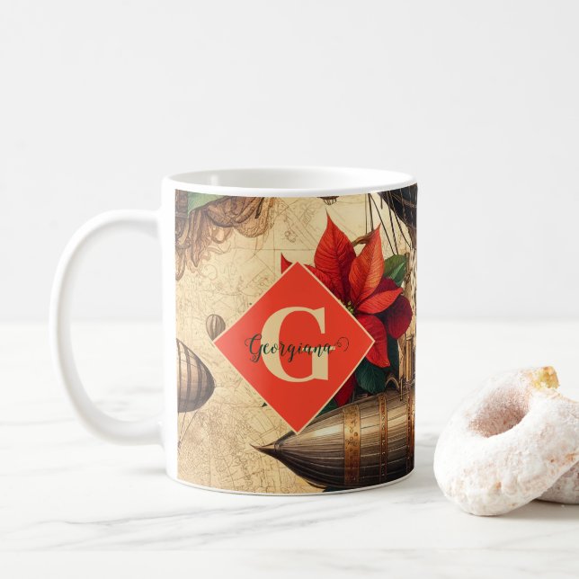 Caneca De Café Navio Steampunk Personalizado com Poinsettia (Com Donut)